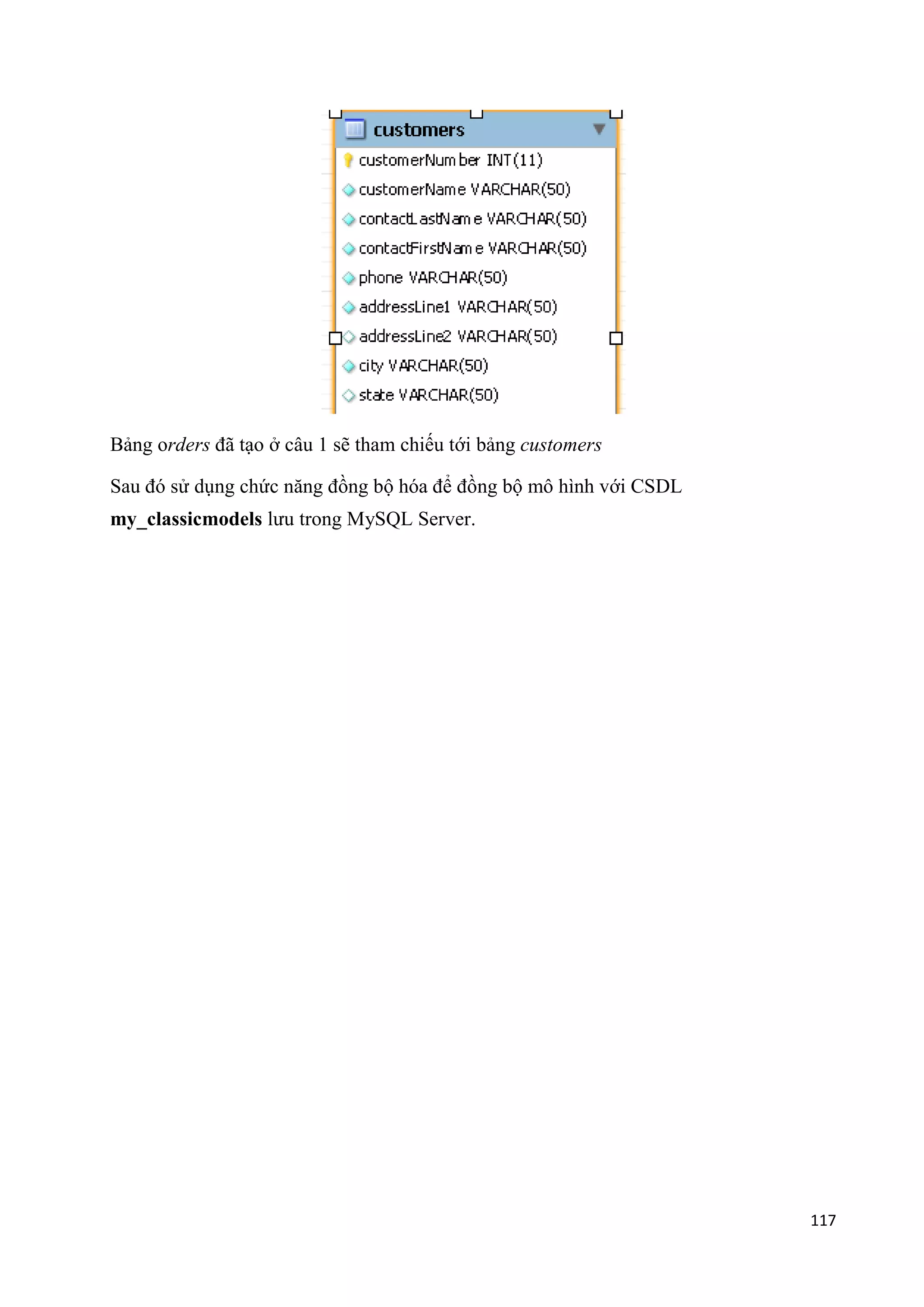 Bảng orders đã tạo ở câu 1 sẽ tham chiếu tới bảng customers
Sau đó sử dụng chức năng đồng bộ hóa để đồng bộ mô hình với CSDL
my_classicmodels lưu trong MySQL Server.

117

 