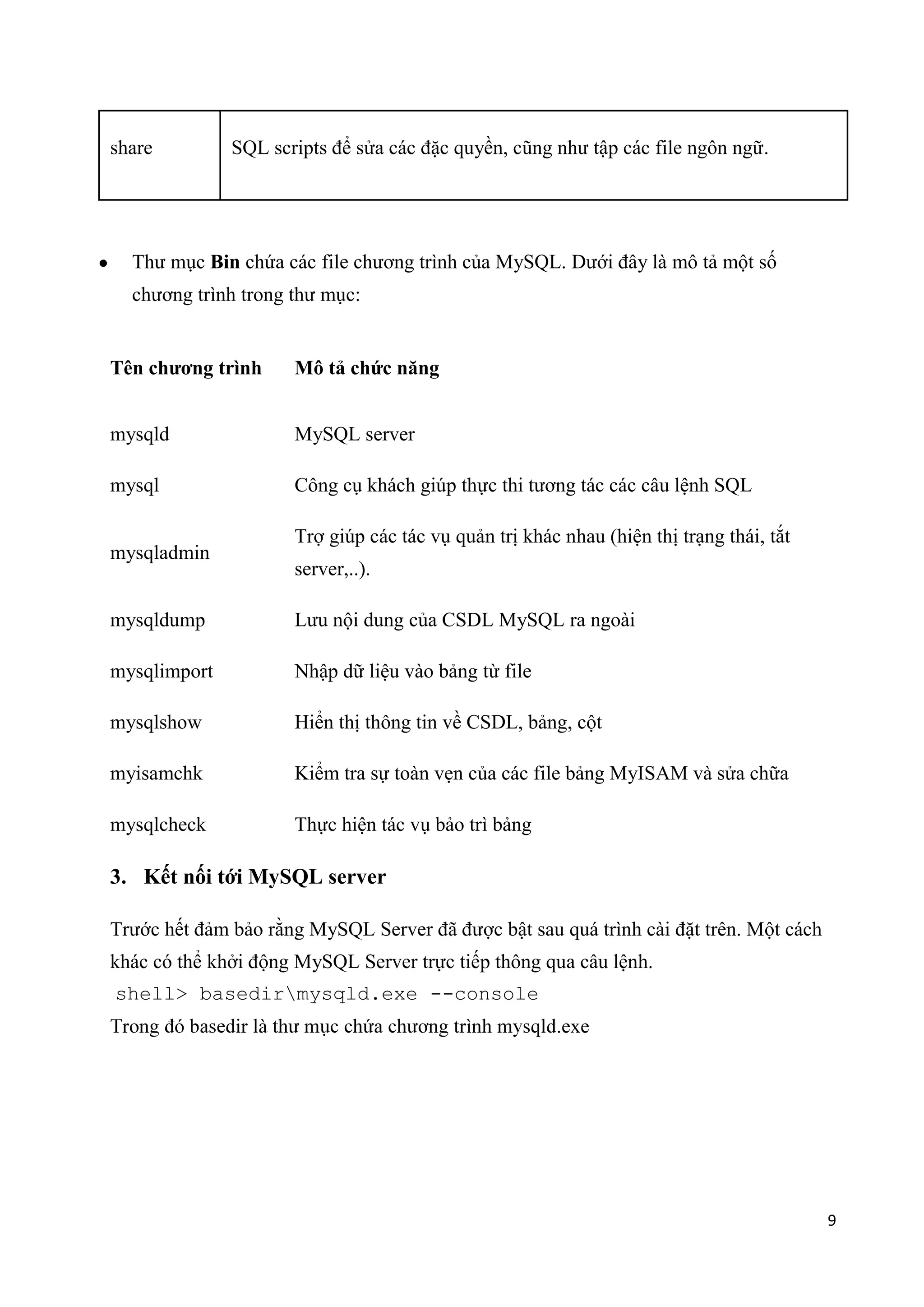 share

SQL scripts để sửa các đặc quyền, cũng như tập các file ngôn ngữ.

Thư mục Bin chứa các file chương trình của MySQL. Dưới đây là mô tả một số
chương trình trong thư mục:

Tên chương trình

Mô tả chức năng

mysqld

MySQL server

mysql

Công cụ khách giúp thực thi tương tác các câu lệnh SQL

mysqladmin

Trợ giúp các tác vụ quản trị khác nhau (hiện thị trạng thái, tắt
server,..).

mysqldump

Lưu nội dung của CSDL MySQL ra ngoài

mysqlimport

Nhập dữ liệu vào bảng từ file

mysqlshow

Hiển thị thông tin về CSDL, bảng, cột

myisamchk

Kiểm tra sự toàn vẹn của các file bảng MyISAM và sửa chữa

mysqlcheck

Thực hiện tác vụ bảo trì bảng

3. Kết nối tới MySQL server
Trước hết đảm bảo rằng MySQL Server đã được bật sau quá trình cài đặt trên. Một cách
khác có thể khởi động MySQL Server trực tiếp thông qua câu lệnh.
shell> basedirmysqld.exe --console
.exe

9

 