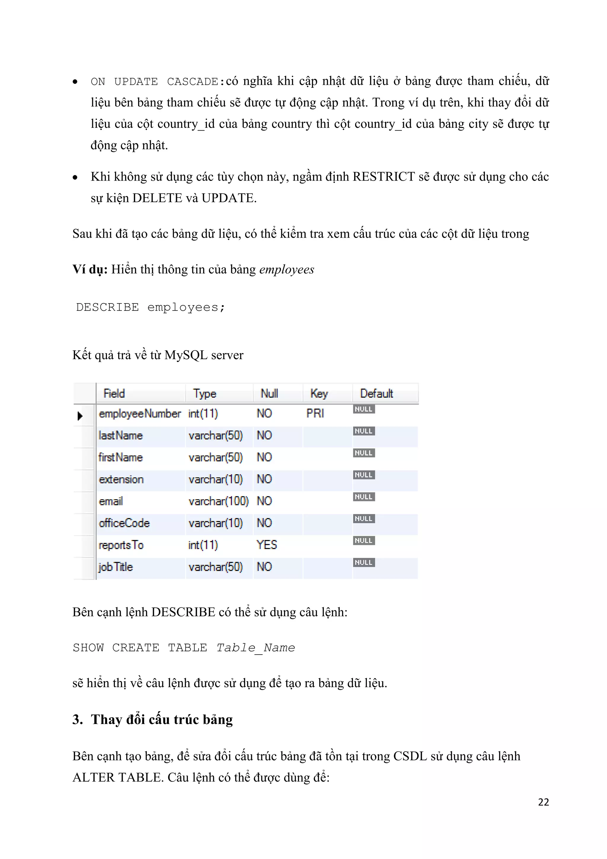 ON UPDATE CASCADE:có nghĩa khi cập nhật dữ liệu ở bảng được tham chiếu, dữ

liệu bên bảng tham chiếu sẽ được tự động cập nhật. Trong ví dụ trên, khi thay đổi dữ
liệu của cột country_id của bảng country thì cột country_id của bảng city sẽ được tự
động cập nhật.
Khi không sử dụng các tùy chọn này, ngầm định RESTRICT sẽ được sử dụng cho các
sự kiện DELETE và UPDATE.
Sau khi đã tạo các bảng dữ liệu, có thể kiểm tra xem cấu trúc của các cột dữ liệu trong
Ví dụ: Hiển thị thông tin của bảng employees
DESCRIBE employees;

Kết quả trả về từ MySQL server

Bên cạnh lệnh DESCRIBE có thể sử dụng câu lệnh:
SHOW CREATE TABLE Table_Name
sẽ hiển thị về câu lệnh được sử dụng để tạo ra bảng dữ liệu.

3. Thay đổi cấu trúc bảng
Bên cạnh tạo bảng, để sửa đổi cấu trúc bảng đã tồn tại trong CSDL sử dụng câu lệnh
ALTER TABLE. Câu lệnh có thể được dùng để:
22

 