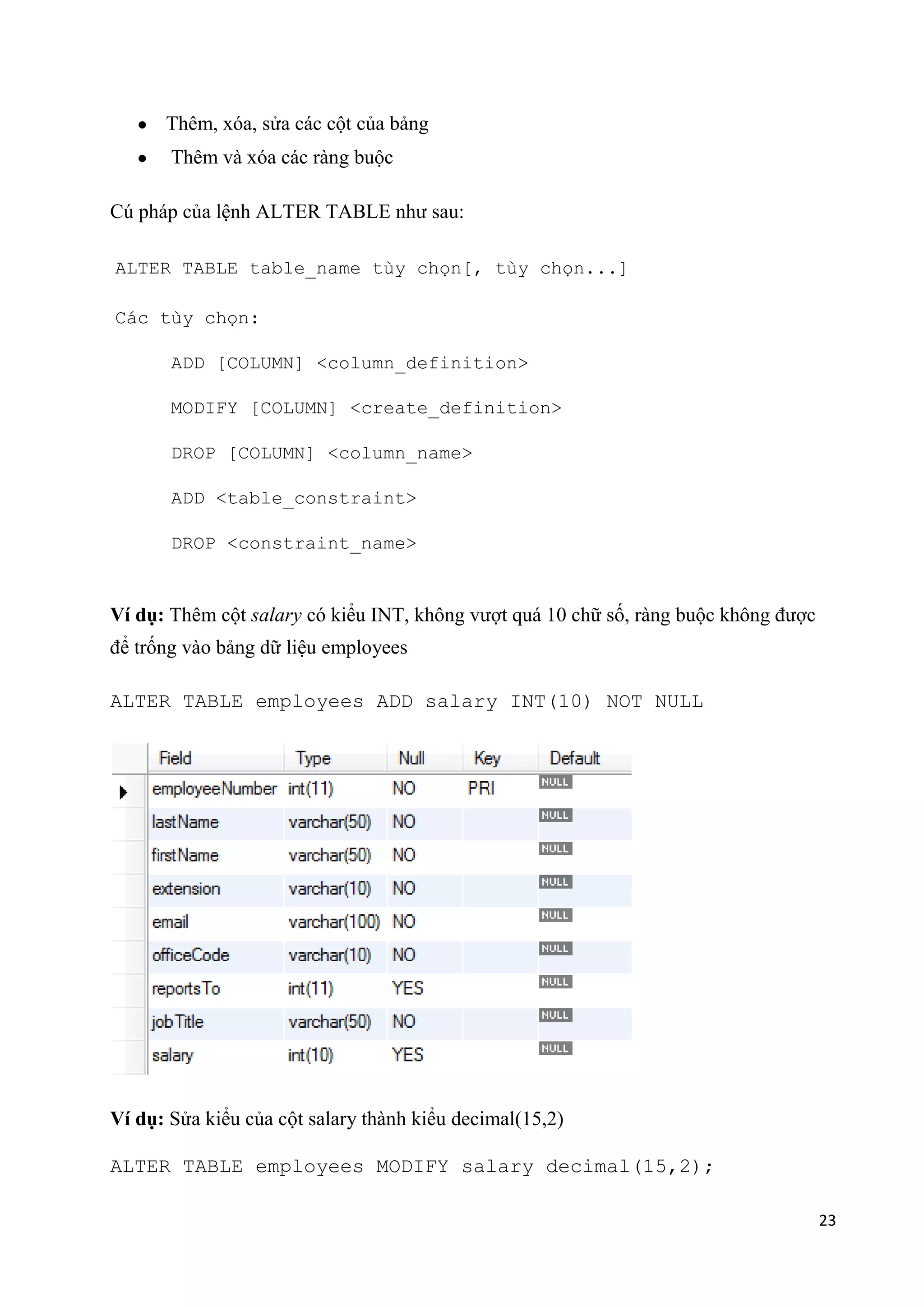 Thêm, xóa, sửa các cột của bảng
Thêm và xóa các ràng buộc
Cú pháp của lệnh ALTER TABLE như sau:
ALTER TABLE table_name tùy chọn[, tùy chọn...]
Các tùy chọn:
ADD [COLUMN] <column_definition>
MODIFY [COLUMN] <create_definition>
DROP [COLUMN] <column_name>
ADD <table_constraint>
DROP <constraint_name>

Ví dụ: Thêm cột salary có kiểu INT, không vượt quá 10 chữ số, ràng buộc không được
để trống vào bảng dữ liệu employees
ALTER TABLE employees ADD salary INT(10) NOT NULL

Ví dụ: Sửa kiểu của cột salary thành kiểu decimal(15,2)
ALTER TABLE employees MODIFY salary decimal(15,2);
23

 