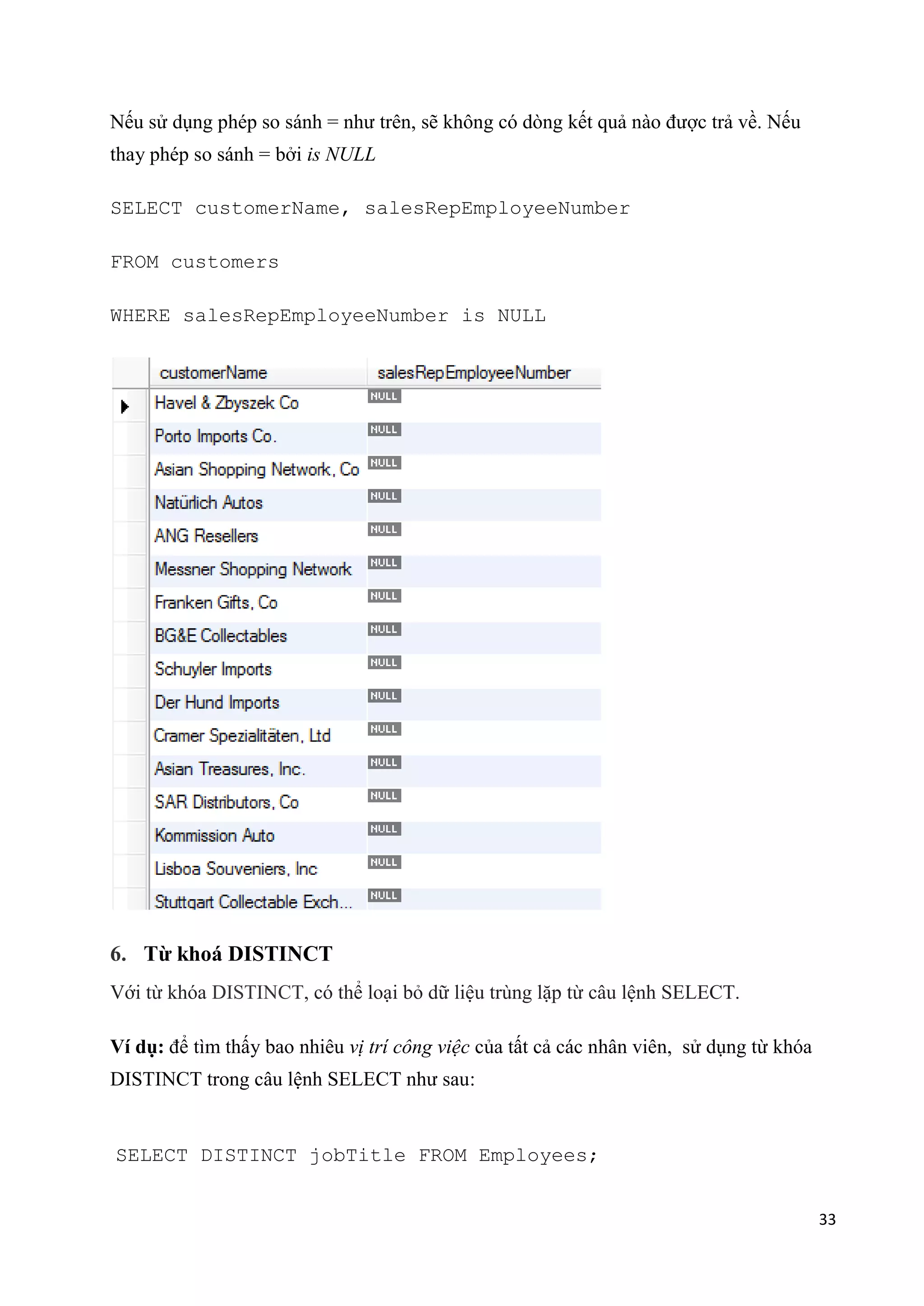 Nếu sử dụng phép so sánh = như trên, sẽ không có dòng kết quả nào được trả về. Nếu
thay phép so sánh = bởi is NULL
SELECT customerName, salesRepEmployeeNumber
FROM customers
WHERE salesRepEmployeeNumber is NULL

6. Từ khoá DISTINCT
Với từ khóa DISTINCT, có thể loại bỏ dữ liệu trùng lặp từ câu lệnh SELECT.
Ví dụ: để tìm thấy bao nhiêu vị trí công việc của tất cả các nhân viên, sử dụng từ khóa
DISTINCT trong câu lệnh SELECT như sau:

SELECT DISTINCT jobTitle FROM Employees;
33

 