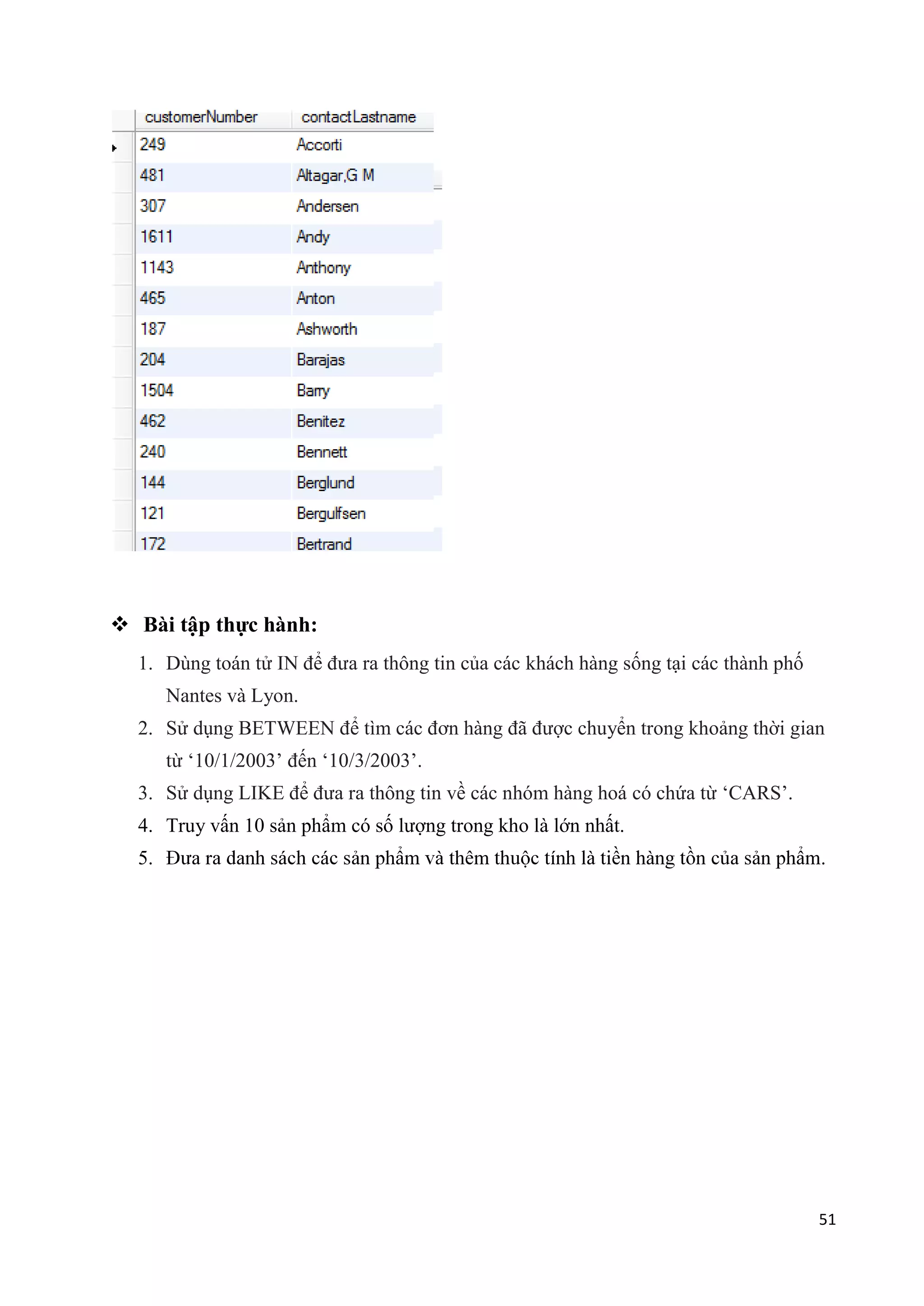  Bài tập thực hành:
1. Dùng toán tử IN để đưa ra thông tin của các khách hàng sống tại các thành phố
Nantes và Lyon.
2. Sử dụng BETWEEN để tìm các đơn hàng đã được chuyển trong khoảng thời gian
từ „10/1/2003‟ đến „10/3/2003‟.
3. Sử dụng LIKE để đưa ra thông tin về các nhóm hàng hoá có chứa từ „CARS‟.
4. Truy vấn 10 sản phẩm có số lượng trong kho là lớn nhất.
5.

.

51

 