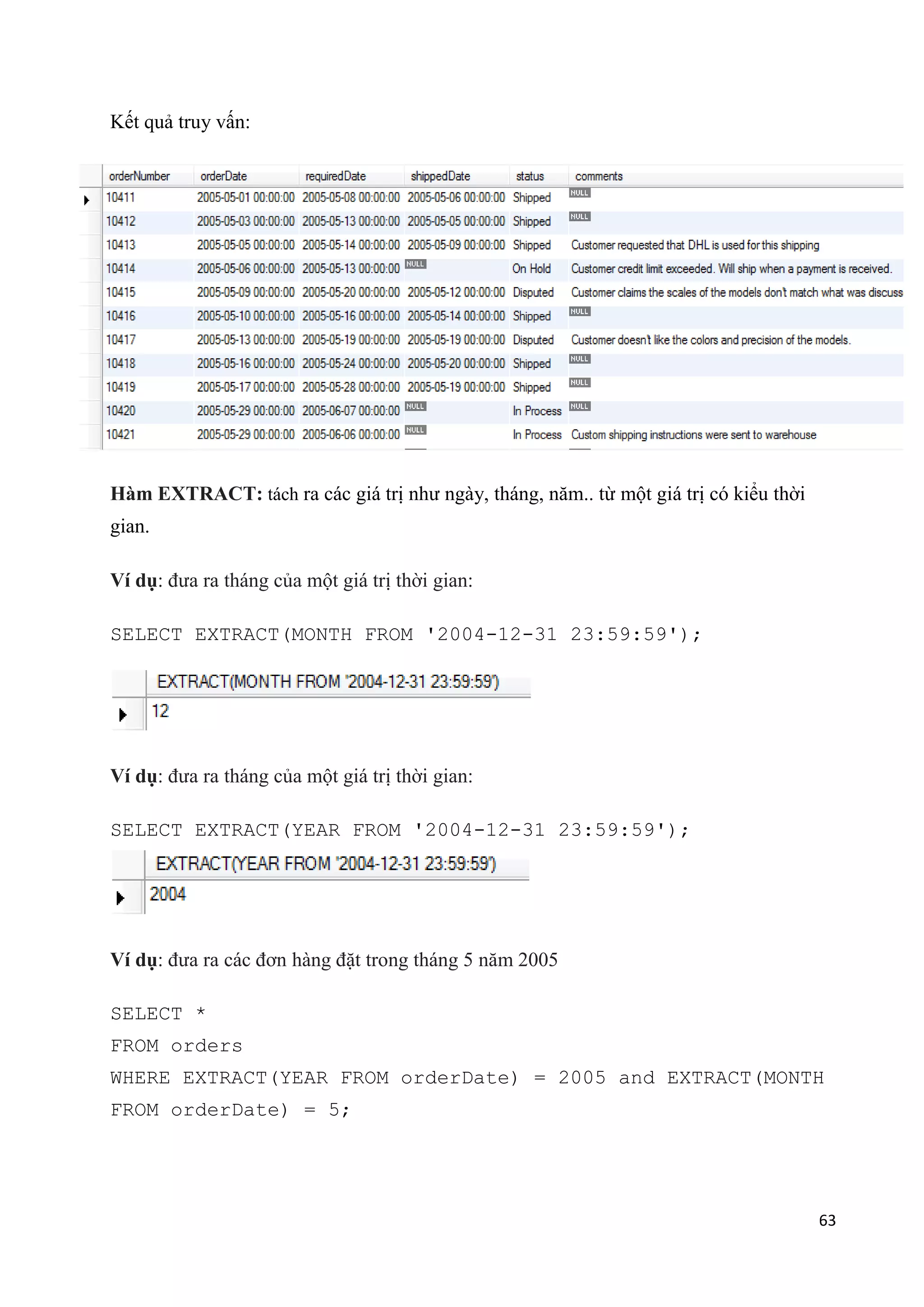 Kết quả truy vấn:

Hàm EXTRACT: tách ra các giá trị như ngày, tháng, năm.. từ một giá trị có kiểu thời
gian.
Ví dụ: đưa ra tháng của một giá trị thời gian:
SELECT EXTRACT(MONTH FROM '2004-12-31 23:59:59');

Ví dụ: đưa ra tháng của một giá trị thời gian:
SELECT EXTRACT(YEAR FROM '2004-12-31 23:59:59');

Ví dụ: đưa ra các đơn hàng đặt trong tháng 5 năm 2005
SELECT *
FROM orders
WHERE EXTRACT(YEAR FROM orderDate) = 2005 and EXTRACT(MONTH
FROM orderDate) = 5;

63

 