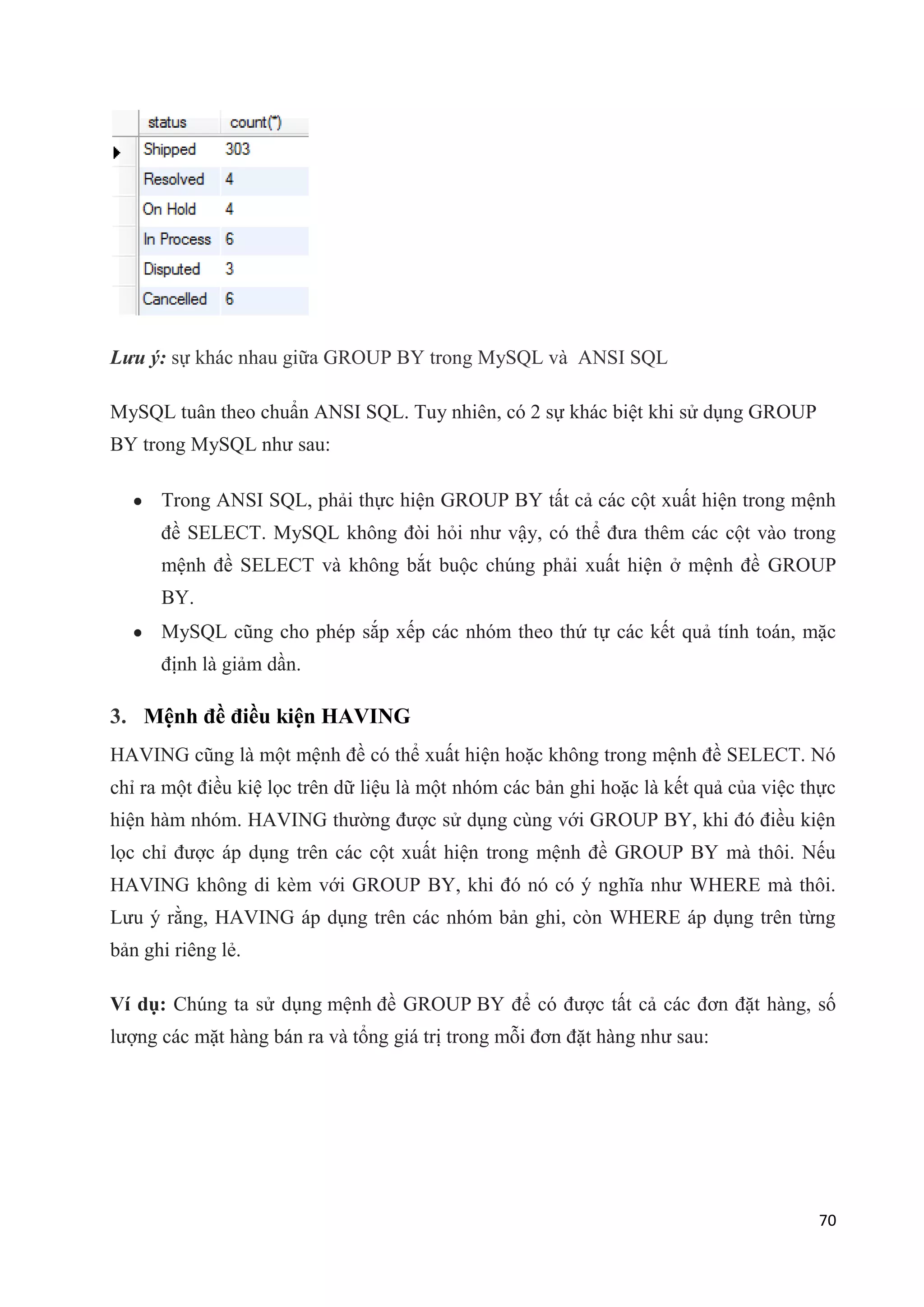 Lưu ý: sự khác nhau giữa GROUP BY trong MySQL và ANSI SQL
MySQL tuân theo chuẩn ANSI SQL. Tuy nhiên, có 2 sự khác biệt khi sử dụng GROUP
BY trong MySQL như sau:
Trong ANSI SQL, phải thực hiện GROUP BY tất cả các cột xuất hiện trong mệnh
đề SELECT. MySQL không đòi hỏi như vậy, có thể đưa thêm các cột vào trong
mệnh đề SELECT và không bắt buộc chúng phải xuất hiện ở mệnh đề GROUP
BY.
MySQL cũng cho phép sắp xếp các nhóm theo thứ tự các kết quả tính toán, mặc
định là giảm dần.

3. Mệnh đề điều kiện HAVING
HAVING cũng là một mệnh đề có thể xuất hiện hoặc không trong mệnh đề SELECT. Nó
chỉ ra một điều kiệ lọc trên dữ liệu là một nhóm các bản ghi hoặc là kết quả của việc thực
hiện hàm nhóm. HAVING thường được sử dụng cùng với GROUP BY, khi đó điều kiện
lọc chỉ được áp dụng trên các cột xuất hiện trong mệnh đề GROUP BY mà thôi. Nếu
HAVING không di kèm với GROUP BY, khi đó nó có ý nghĩa như WHERE mà thôi.
Lưu ý rằng, HAVING áp dụng trên các nhóm bản ghi, còn WHERE áp dụng trên từng
bản ghi riêng lẻ.
Ví dụ: Chúng ta sử dụng mệnh đề GROUP BY để có được tất cả các đơn đặt hàng, số
lượng các mặt hàng bán ra và tổng giá trị trong mỗi đơn đặt hàng như sau:

70

 