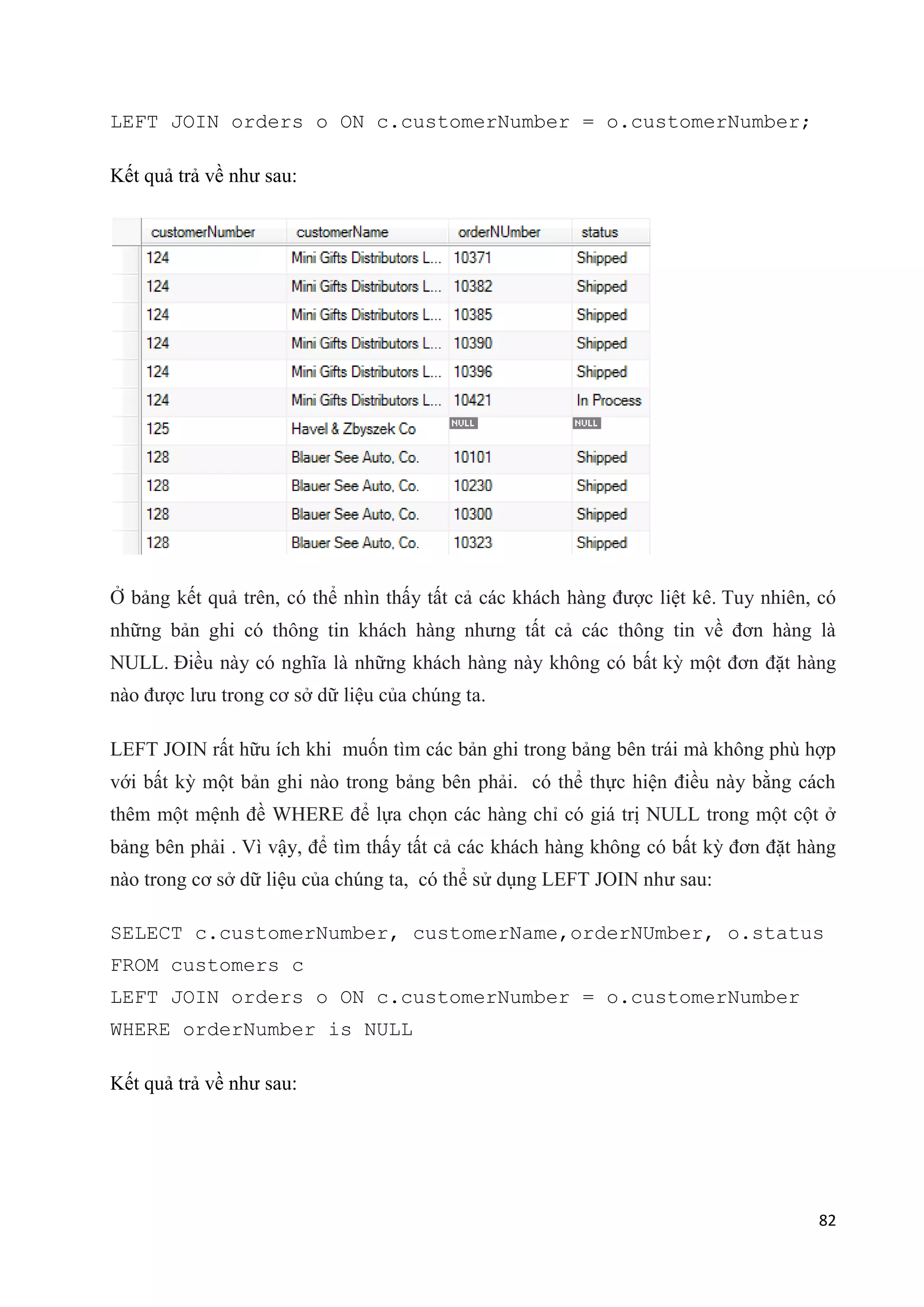 LEFT JOIN orders o ON c.customerNumber = o.customerNumber;
Kết quả trả về như sau:

Ở bảng kết quả trên, có thể nhìn thấy tất cả các khách hàng được liệt kê. Tuy nhiên, có
những bản ghi có thông tin khách hàng nhưng tất cả các thông tin về đơn hàng là
NULL. Điều này có nghĩa là những khách hàng này không có bất kỳ một đơn đặt hàng
nào được lưu trong cơ sở dữ liệu của chúng ta.
LEFT JOIN rất hữu ích khi muốn tìm các bản ghi trong bảng bên trái mà không phù hợp
với bất kỳ một bản ghi nào trong bảng bên phải. có thể thực hiện điều này bằng cách
thêm một mệnh đề WHERE để lựa chọn các hàng chỉ có giá trị NULL trong một cột ở
bảng bên phải . Vì vậy, để tìm thấy tất cả các khách hàng không có bất kỳ đơn đặt hàng
nào trong cơ sở dữ liệu của chúng ta, có thể sử dụng LEFT JOIN như sau:
SELECT c.customerNumber, customerName,orderNUmber, o.status
FROM customers c
LEFT JOIN orders o ON c.customerNumber = o.customerNumber
WHERE orderNumber is NULL
Kết quả trả về như sau:

82

 