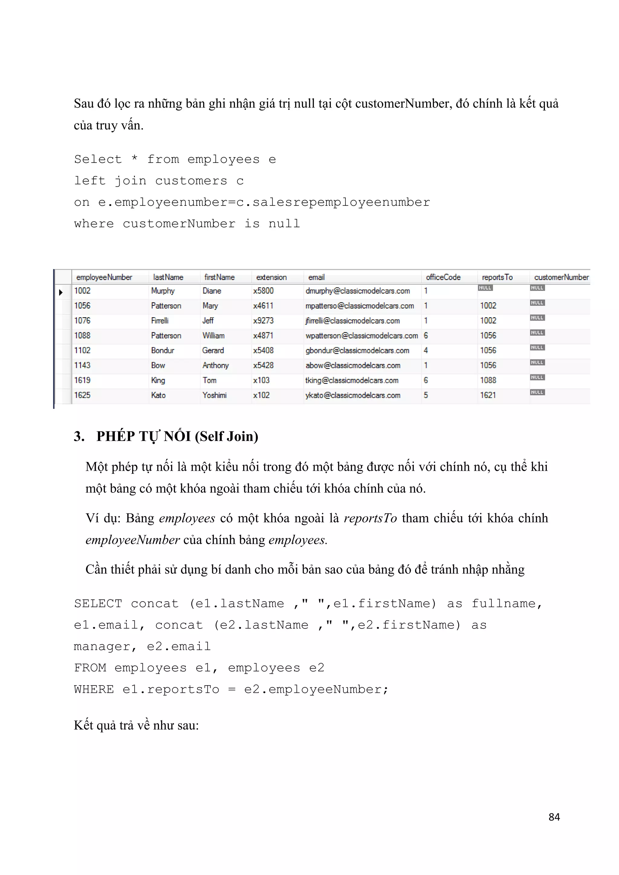 Sau đó lọc ra những bản ghi nhận giá trị null tại cột customerNumber, đó chính là kết quả
của truy vấn.
Select * from employees e
left join customers c
on e.employeenumber=c.salesrepemployeenumber
where customerNumber is null

3. PHÉP TỰ NỐI (Self Join)
Một phép tự nối là một kiểu nối trong đó một bảng được nối với chính nó, cụ thể khi
một bảng có một khóa ngoài tham chiếu tới khóa chính của nó.
Ví dụ: Bảng employees có một khóa ngoài là reportsTo tham chiếu tới khóa chính
employeeNumber của chính bảng employees.
Cần thiết phải sử dụng bí danh cho mỗi bản sao của bảng đó để tránh nhập nhằng
SELECT concat (e1.lastName ," ",e1.firstName) as fullname,
e1.email, concat (e2.lastName ," ",e2.firstName) as
manager, e2.email
FROM employees e1, employees e2
WHERE e1.reportsTo = e2.employeeNumber;
Kết quả trả về như sau:

84

 