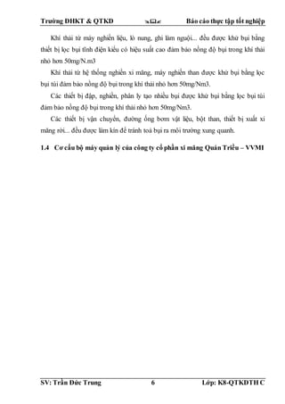 Trường ĐHKT & QTKD  Báo cáo thực tập tốt nghiệp
SV: Trần Đức Trung 6 Lớp: K8-QTKDTH C
Khí thải từ máy nghiền liệu, lò nung, ghi làm nguội... đều được khử bụi bằng
thiết bị lọc bụi tĩnh điện kiểu có hiệu suất cao đảm bảo nồng độ bụi trong khí thải
nhỏ hơn 50mg/N.m3
Khí thải từ hệ thống nghiền xi măng, máy nghiền than được khử bụi bằng lọc
bụi túi đảm bảo nồng độ bụi trong khí thải nhỏ hơn 50mg/Nm3.
Các thiết bị đập, nghiền, phân ly tạo nhiều bụi được khử bụi bằng lọc bụi túi
đảm bảo nồng độ bụi trong khí thải nhỏ hơn 50mg/Nm3.
Các thiết bị vận chuyển, đường ống bơm vật liệu, bột than, thiết bị xuất xi
măng rời... đều được làm kín để tránh toả bụi ra môi trường xung quanh.
1.4 Cơ cấu bộ máy quản lý của công ty cổ phần xi măng Quán Triều – VVMI
 