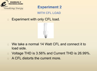 Experiment with only CFL load. 
We take a normal 14 Watt CFL and connect it to 
load side. 
Voltage THD is 3.56% and Current THD is 26.99%. 
A CFL distorts the current more. 
 