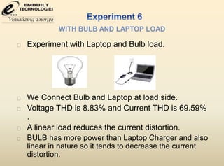 Experiment with Laptop and Bulb load. 
We Connect Bulb and Laptop at load side. 
Voltage THD is 8.83% and Current THD is 69.59% 
. 
A linear load reduces the current distortion. 
BULB has more power than Laptop Charger and also 
linear in nature so it tends to decrease the current 
distortion. 
 