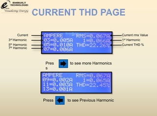 Current 
3rd Harmonic 
5th Harmonic 
7th Harmonic 
Current rms Value 
1st Harmonic 
Current THD % 
Pres 
s 
to see more Harmonics 
Press to see Previous Harmonic 
 