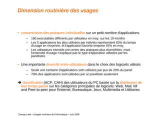 Dimension routinière des usages concentration des pratiques individuelles  sur un petit nombre d'applications 190 executables différents par utilisateur en moy. sur les 19 months  Les 5 applications les plus utilisées par individu représentent 83% du temps d'usage en moyenne, et l'application favorite emporte 45% en moy.  Les utilisateurs intensifs ont certes des pratiques plus diversifiées, mais l'entensité d'usage n'explique pas le type d'appication utilisées par les panélistes Une importante  diversité entre utilisateurs  dans le choix des logiciels utilisés Seule une centaine d'applications sotn utilisées par pus de 20% du panel 70% des applications sont utilisées par un panéliste seulement    classification  (ACP, CAH) des utilisateurs du PC basée sur la  distribution de leur temps passé  sur les catégories principales de logiciels: Web, Mail, IM and Peer-to-peer pour l'Internet, Bureautique, Jeux, Multimedia et Utilitaires   Orange Labs – Usages routiniers de l'informatique – Juin 2009 