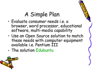 A Simple Plan Evaluate consumer needs i.e. a browser, word processor, educational software, multi-media capability Use an Open Source solution to match these needs with computer equipment available i.e. Pentium III The solution  Edubuntu 