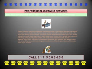 ( ( ( ( ( ( ( ( ( ( ( ( ( ( ( ( ( PROFESSIONAL CLEANING SERVICES  FLAT RATE AFFORDABLE BASIC DEEP CLEAN - SATISFACTION GUARANTEED! Dusting, mopping, vacuuming, sweeping, inner/exterior fridge,  inner/exterior cabinets, inner/exterior microwave, oven, shades clean, furniture, clean sanitize under all movable items, tile scrub, walls clean stain removal, door dust wash, commonly touched items sanitized, mildew, grout and  general pollutants removal, closet clean, hard to reach places clean, chrome clean, general tidying, general refreshing, dishes, laundry, toilet sanitize, sink scrub, mirror and window wash, shower walls/tub, spring clean, ceiling fans, counter tops, appliances, back splashes, floor whitening/floor buff, removal, hair removal, linens changed, cobwebs, more. All levels types cleaning. 5 boroughs. Same day in advance. CALL 9 1 7  5 0 0 8 4 5 6    ( ( ( ( ( ( ( ( ( ( ( ( ( 