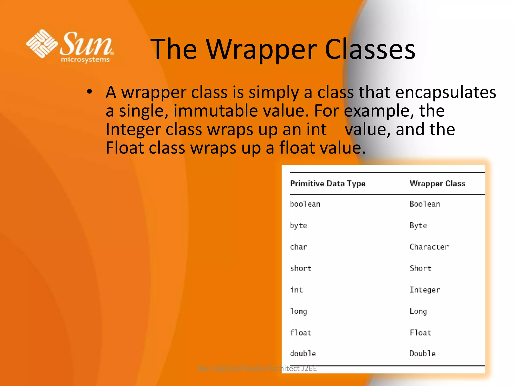 The Wrapper Classes
• A wrapper class is simply a class that encapsulates
a single, immutable value. For example, the
Integer class wraps up an int value, and the
Float class wraps up a float value.

Ben Abdallah Helmi Architect J2EE

 