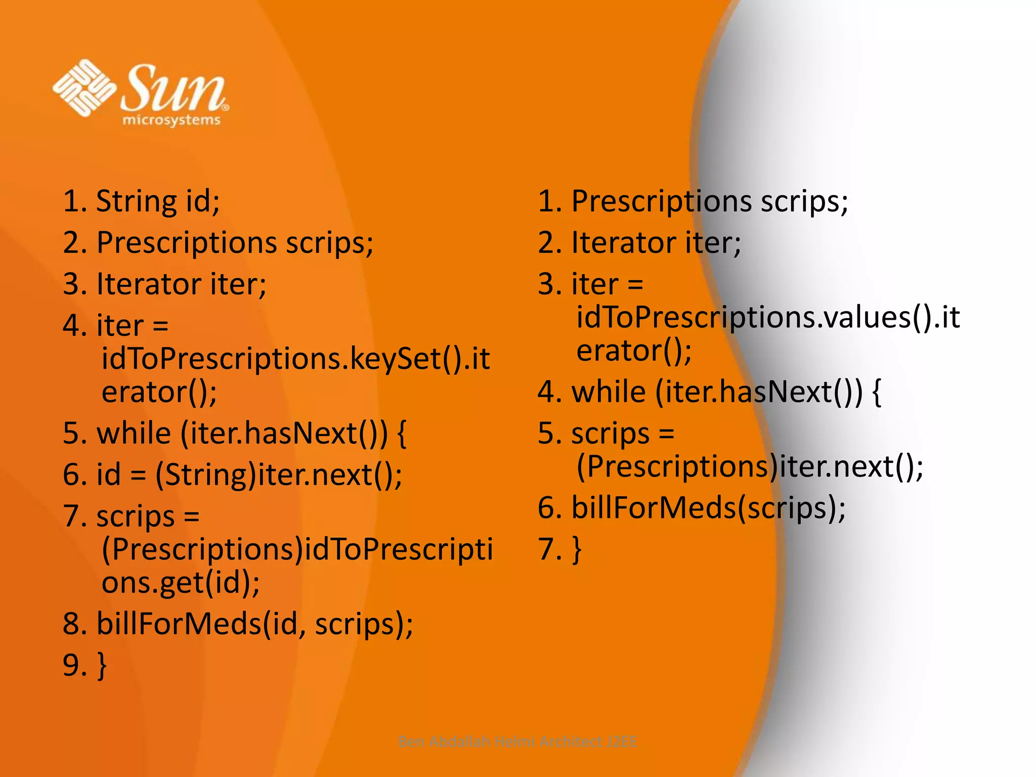 1. String id;
2. Prescriptions scrips;
3. Iterator iter;
4. iter =
idToPrescriptions.keySet().it
erator();
5. while (iter.hasNext()) {
6. id = (String)iter.next();
7. scrips =
(Prescriptions)idToPrescripti
ons.get(id);
8. billForMeds(id, scrips);
9. }

1. Prescriptions scrips;
2. Iterator iter;
3. iter =
idToPrescriptions.values().it
erator();
4. while (iter.hasNext()) {
5. scrips =
(Prescriptions)iter.next();
6. billForMeds(scrips);
7. }

Ben Abdallah Helmi Architect J2EE

 