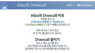 Atlas와 Drawcall
Atlas와 Drawcall 비유
파일을 복사 시
[1MB 복사:저용량] X 1000개 보다
[1GB 복사:고용량] X 1개 가 빠름과 유사합니다.
작게 하나씩 그리지 않고
큰 것 하나를 잘라 쓰는 겁니다.
Drawcall 줄이기
리소스 렌더 순서를 알고
그에 적합한 Atlas를 만들 필요가 있습니다.
같은화면 리소스는 하나에 몰아넣는게 좋습니다.
PART 1. 게임 UI의 리소스
 