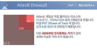 Atlas와 Drawcall
Atlas는 게임상 직접 불러쓰는 리소스라
512x512 , 1024x1024 등의 2제곱으로 만듭니다.
이걸 POT (Power of Two) 라 합니다.
압축효율(용량)과 관련있기 때문입니다.
다만 4096부턴 인식못하는 기기가 있어
4096 이상은 거의 쓰지 않습니다.
PART 1. 게임 UI의 리소스
 