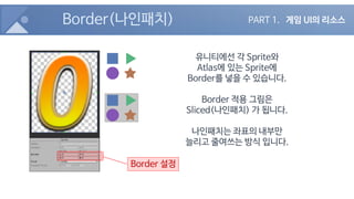 Border(나인패치)
유니티에선 각 Sprite와
Atlas에 있는 Sprite에
Border를 넣을 수 있습니다.
Border 적용 그림은
Sliced(나인패치) 가 됩니다.
나인패치는 좌표의 내부만
늘리고 줄여쓰는...