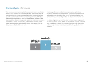 Our Analysis: eCommerce 
After an arduous scoring process, the frameworks with feature sets that best 
match to an eCommerce use case are Vaadin, Play, and Grails. All three of 
them are strong with throughput/scalability, security, and all try to provide 
a usable ecosystem without reliance on too many other tools. Other than 
the three high priority metrics, there are several medium priorities as well. 
Users want their eCommerce experience to look nice and not be reminiscent 
of GeoCities or Tripod, so a good UX or look and feel is important as well. 
Vaadin applications look beautiful out of the box, and Play and Grails can 
look great as well with a little more work. 
Traditionally, eCommerce and other security-conscious applications 
would have relied more on Spring or Struts. Spring’s security additions are 
fantastic and when paired with lower scoring frameworks, like GWT, the 
combination may even score higher than any other framework on its own. 
It is also worth pointing out that three other frameworks were only a small 
gap from the winners. Spring, Wicket, and JSF were only 3.5 points from third 
place. This leads us to believe the eCommerce use case is well understood 
and most major frameworks at this point would work equally with a few 
standouts. 
1 
2 3 
All rights reserved. 2013 © ZeroTurnaround OÜ 23 
 