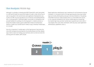 Our Analysis: Mobile App 
Although it is possible to develop good REST-based API-s with Spring MVC, 
it is still hard to build nice and shiny mobile UI-s with it. Also, Struts has its 
own strong place in the world of Java web application development, but 
it does not offer any security features out of the box and building RESTful 
API-s is not easy with it. Definitely higher scores went to frameworks that 
provide facilities for building nice UIs (important in mobile) and also to 
those that enable to have a good usable REST endpoint development 
features. Vaadin has TouchKit which makes it easy to develop mobile apps 
on it as well. 
Security is important in mobile apps, so the huge winners here were the 
ones who had good security features, like Spring, Wicket and Play. Mobile 
apps need to have nice looking user interfaces and it turned out to be the 
winning point for Vaadin, GWT and JSF. 
Rapid application development was a weakness for all frameworks that we 
reviewed. It is not good at all for this app type because many new mobile 
apps are mostly developed by startups or during hackathons. Not getting 
initial MVP (minimum viable product) done in a reasonable time results 
in not using the framework at all. And as mobile apps are conquering 
the market right now and their market share expands even more, then it 
may happen that some other framework, with very easy rapid application 
development capabilities, kicks in. 
1 
2 3 
All rights reserved. 2013 © ZeroTurnaround OÜ 32 
 