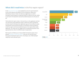 What did I read/miss in the first report report? 
At the end of the first report we compiled the scores for each framework 
across all the features we looked at for the comparison. While this is 
interesting to look at, it does not make any suggestions as to which 
framework would be good to implement based on different end-user needs, 
as we haven’t introduced the real world problems/projects into the picture 
yet. 
That’s where this report comes in: here we focus on the application and test 
use cases with varying application types to determine which frameworks 
are best suited for that app. Each application type will have different needs, 
requirements and functional priorities, so the feature areas we looked at 
in the first report and the two additional parts in this report will be scaled 
differently. This means we can suggest which framework(s) would be more 
appropriate than others for different types of applications. 
Both reports are follow ups on the Java Web Frameworks section of our 
popular Developer Productivity Report. Here you can see which were 
the popular frameworks back in 2012. According to over 1800 developer 
responses, here’s what we found: 
All rights reserved. 2013 © ZeroTurnaround OÜ 2 
 