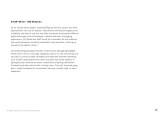 CHAPTER III - THE RESULTS 
As the results show, Vaadin, Grails and Play are the first, second and third 
place winners not only for features like UX (look and feel), throughput and 
scalability, and ease of use, but also when compared across seven different 
application types, from eCommerce to Mobile and even Prototyping 
applications. JSF, Wicket and GWT are all fair contenders for the middle of 
the road frameworks, excelling individually in key areas but not bringing 
enough to the table in others. 
One interesting takeaway from this is the fact that although Spring MVC 
didn’t come in first in any single categories, due to it’s size, community and 
security it is in fact an ideal candidate to bundle with another framework, 
such as GWT, which gained more than any other due to the addition of 
Spring Security. Here we see that a combination of Spring and another 
framework will beat even Vaadin in many cases. That said, if you are going 
with a single framework for most needs, become a Vaadin ninja for extra 
happiness. 
All rights reserved. 2013 © ZeroTurnaround OÜ 47 
 