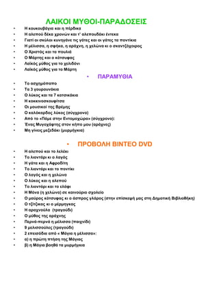 ΛΑΙΚΟΙ ΜΥΘΟΙ-ΠΑΡΑΔΟΣΕΙΣ
•
•
•
•
•
•
•
•

Η κουκουβάγια και η πέρδικα
Η αλεπού δέκα χρονών και τ’ αλεπουδάκι έντεκα
Γιατί οι σκύλοι κυνηγάνε τις γάτες και οι γάτες τα ποντίκια
Η μέλισσα, η σφήκα, η αράχνη, η χελώνα κι ο σκαντζόχοιρος
Ο Χριστός και τα πουλιά
Ο Μάρτης και ο κότσυφας
Λαϊκός μύθος για το χελιδόνι
Λαϊκός μύθος για το Μάρτη

•
•
•
•
•
•
•
•
•
•

Το ασχημόπαπο
Τα 3 γουρουνάκια
Ο λύκος και τα 7 κατσικάκια
Η κοκκινοσκουφίτσα
Οι μουσικοί της Βρέμης
Ο καλόκαρδος λύκος (σύγχρονο)
Από το «Πάμε στην Εντομοχώρα» (σύγχρονο):
Ένας Μυγοχάφτης στον κήπο μου (αράχνες)
Μη γίνεις μεζεδάκι (μυρμήγκια)

•
•
•
•
•
•
•
•
•
•
•
•
•
•
•
•
•
•

ΠΑΡΑΜΥΘΙΑ

ΠΡΟΒΟΛΗ ΒΙΝΤΕΟ DVD

Η αλεπού και το λελέκι
Το λιοντάρι κι ο λαγός
Η γάτα και η Αφροδίτη
Το λιοντάρι και το ποντίκι
Ο λαγός και η χελώνα
Ο λύκος και η αλεπού
Το λιοντάρι και το ελάφι
Η Μόνα (η χελώνα) σε καινούριο σχολείο
Ο μαύρος κότσυφας κι ο άσπρος γλάρος (στην επίσκεψή μας στη Δημοτική Βιβλιοθήκη)
Ο τζίτζικας κι ο μέρμηγκας
Η αραχνούλα (τραγούδι)
Ο μύθος της αράχνης
Περνά-περνά η μέλισσα (παιχνίδι)
9 μελισσούλες (τραγούδι)
2 επεισόδια από « Μάγια η μέλισσα»:
α) η πρώτη πτήση της Μάγιας
β) η Μάγια βοηθά τα μυρμήγκια

 