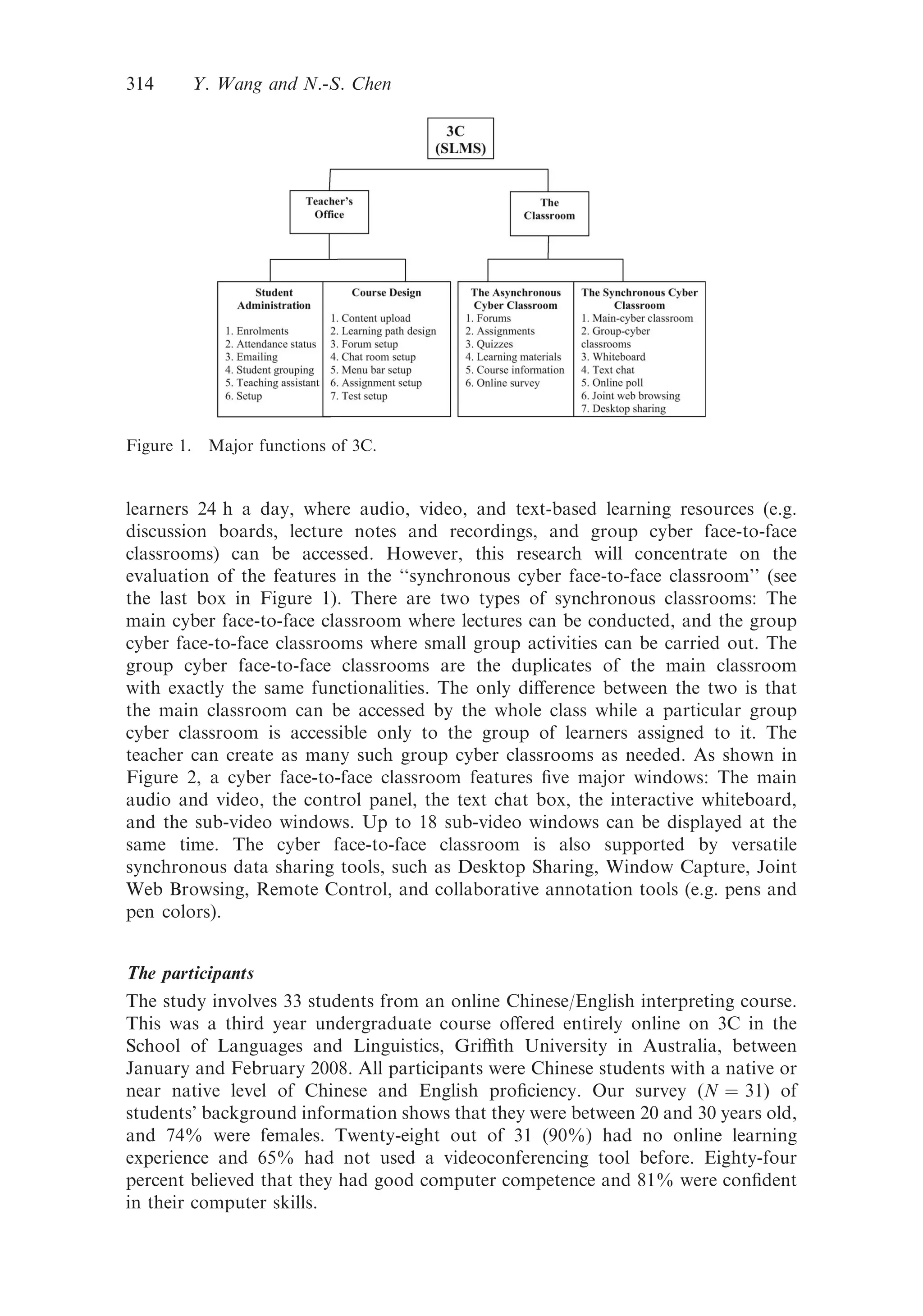 learners 24 h a day, where audio, video, and text-based learning resources (e.g.
discussion boards, lecture notes and recordings, and group cyber face-to-face
classrooms) can be accessed. However, this research will concentrate on the
evaluation of the features in the ‘‘synchronous cyber face-to-face classroom’’ (see
the last box in Figure 1). There are two types of synchronous classrooms: The
main cyber face-to-face classroom where lectures can be conducted, and the group
cyber face-to-face classrooms where small group activities can be carried out. The
group cyber face-to-face classrooms are the duplicates of the main classroom
with exactly the same functionalities. The only diﬀerence between the two is that
the main classroom can be accessed by the whole class while a particular group
cyber classroom is accessible only to the group of learners assigned to it. The
teacher can create as many such group cyber classrooms as needed. As shown in
Figure 2, a cyber face-to-face classroom features ﬁve major windows: The main
audio and video, the control panel, the text chat box, the interactive whiteboard,
and the sub-video windows. Up to 18 sub-video windows can be displayed at the
same time. The cyber face-to-face classroom is also supported by versatile
synchronous data sharing tools, such as Desktop Sharing, Window Capture, Joint
Web Browsing, Remote Control, and collaborative annotation tools (e.g. pens and
pen colors).
The participants
The study involves 33 students from an online Chinese/English interpreting course.
This was a third year undergraduate course oﬀered entirely online on 3C in the
School of Languages and Linguistics, Griﬃth University in Australia, between
January and February 2008. All participants were Chinese students with a native or
near native level of Chinese and English proﬁciency. Our survey (N ¼ 31) of
students’ background information shows that they were between 20 and 30 years old,
and 74% were females. Twenty-eight out of 31 (90%) had no online learning
experience and 65% had not used a videoconferencing tool before. Eighty-four
percent believed that they had good computer competence and 81% were conﬁdent
in their computer skills.
Figure 1. Major functions of 3C.
314 Y. Wang and N.-S. Chen
 