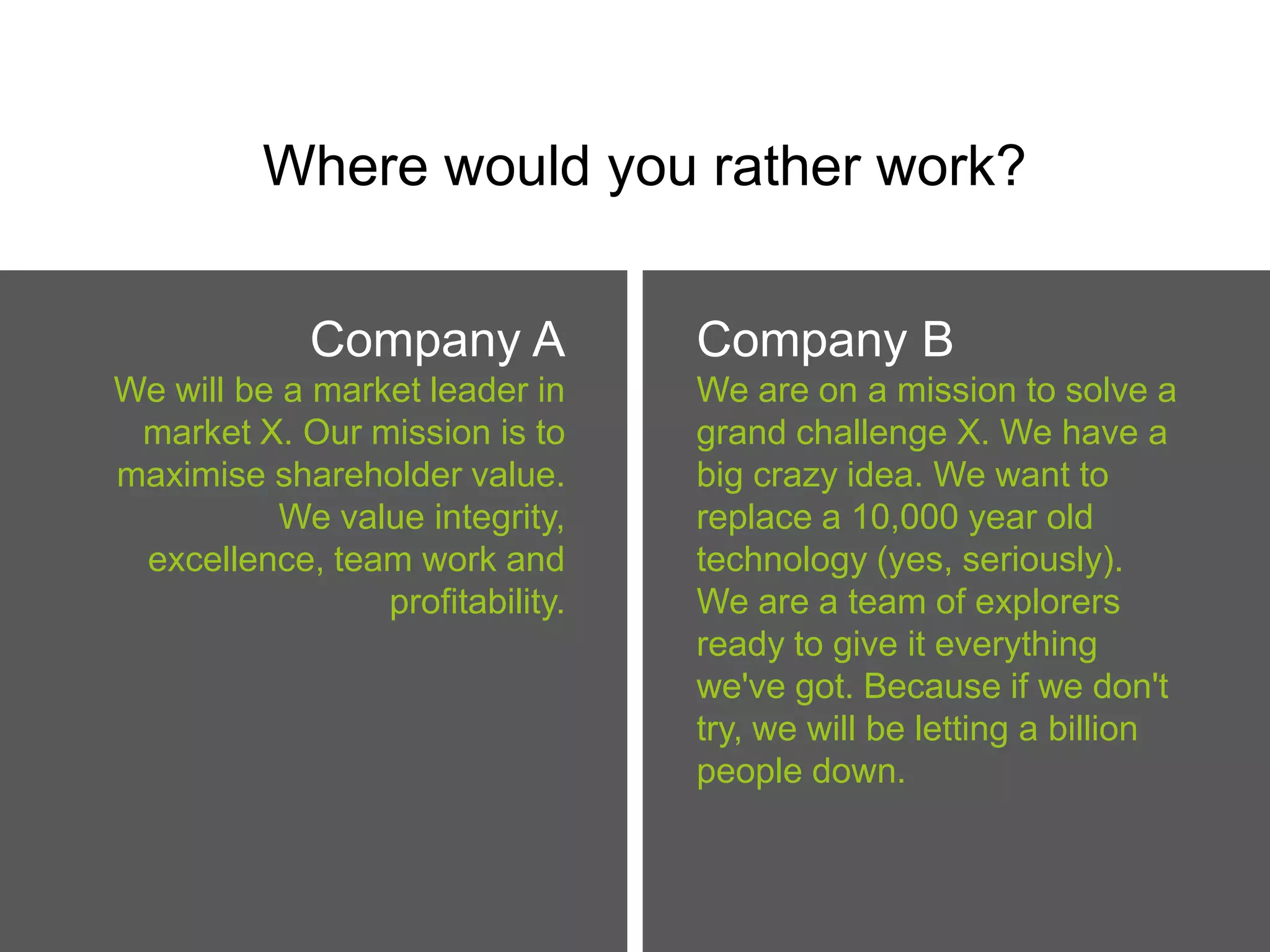 Where would you rather work?
Company A
We will be a market leader in
market X. Our mission is to
maximise shareholder value.
We value integrity,
excellence, team work and
profitability.

Company B
We are on a mission to solve a
grand challenge X. We have a
big crazy idea. We want to
replace a 10,000 year old
technology (yes, seriously).
We are a team of explorers
ready to give it everything
we've got. Because if we don't
try, we will be letting a billion
people down.

 