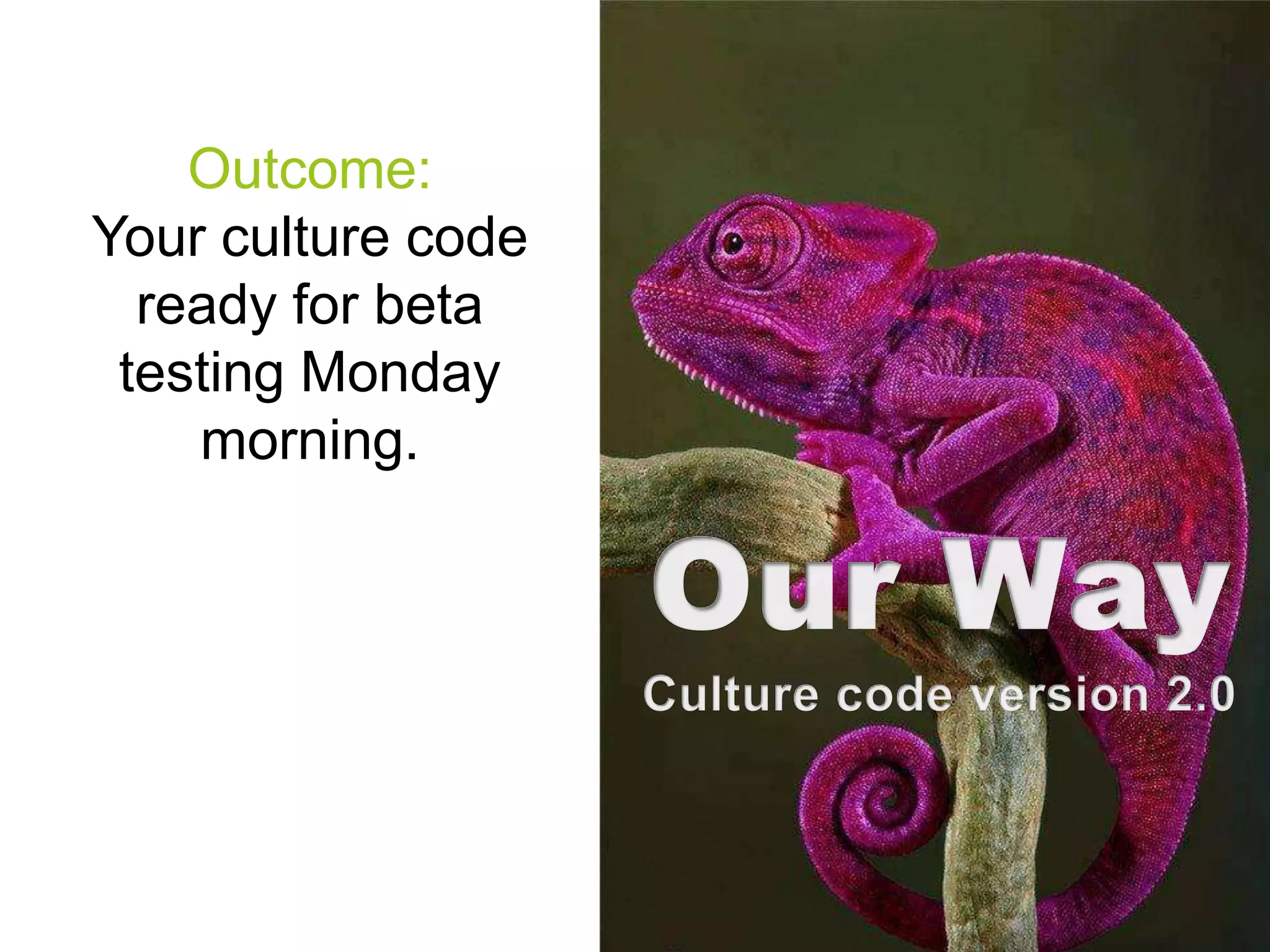 Outcome:
Your culture code
ready for beta
testing Monday
morning.

 