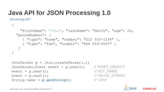 Java API for JSON Processing 1.0
Streaming API

{
"firstName": "John", "lastName": "Smith", "age": 25,
"phoneNumber": [
{ "type": "home", "number": "212 555-1234" },
{ "type": "fax", "number": "646 555-4567" }
]
}
JsonParser p = Json.createParser(…);
JsonParser.Event event = p.next();
event = p.next();
event = p.next();
String name = p.getString();
10Copyright © 2012, Oracle and/or its affiliates. All rights reserved.

// START_OBJECT
// KEY_NAME
// VALUE_STRING
// "John”

 