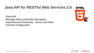 Java API for RESTful Web Services 2.0
Client API
Message Filters and Entity Interceptors
Asynchronous Processing – Server and Client
Common Configuration

19Copyright © 2012, Oracle and/or its affiliates. All rights reserved.

 