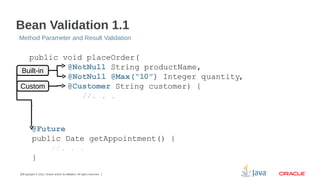 Bean Validation 1.1
Method Parameter and Result Validation

public void placeOrder(
@NotNull String productName,
Built-in
@NotNull @Max(“10”) Integer quantity,
@Customer String customer) {
Custom
//. . .
}
@Future
public Date getAppointment() {
//. . .
}
23Copyright © 2012, Oracle and/or its affiliates. All rights reserved.

 