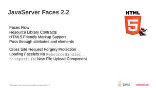 JavaServer Faces 2.2
Faces Flow
Resource Library Contracts
HTML5 Friendly Markup Support
Pass through attributes and elements
Cross Site Request Forgery Protection
Loading Facelets via ResourceHandler
h:inputFile: New File Upload Component

29Copyright © 2012, Oracle and/or its affiliates. All rights reserved.

 
