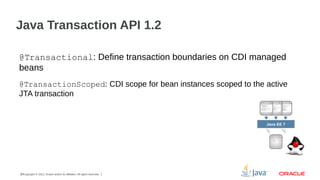 Java Transaction API 1.2
@Transactional: Define transaction boundaries on CDI managed
beans
@TransactionScoped: CDI scope for bean instances scoped to the active
JTA transaction

Java EE 7

30Copyright © 2012, Oracle and/or its affiliates. All rights reserved.

 