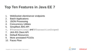 Top Ten Features in Java EE 7
1.
2.
3.
4.
5.
6.
7.
8.
9.
10.

WebSocket client/server endpoints
Batch Applications
JSON Processing
Concurrency Utilities
Simplified JMS API
@Transactional and @TransactionScoped
JAX-RS Client API
Default Resources
More annotated POJOs
Faces Flow

5Copyright © 2012, Oracle and/or its affiliates. All rights reserved.

 