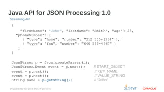 Java API for JSON Processing 1.0
Streaming API

{
"firstName": "John", "lastName": "Smith", "age": 25,
"phoneNumber": [
{ ...