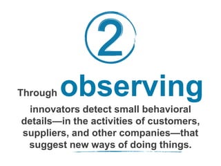 Through observing
innovators detect small behavioral
details—in the activities of customers,
suppliers, and other companies—that
suggest new ways of doing things.
 