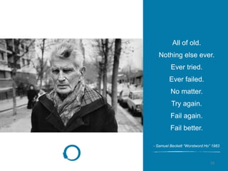 59
- Samuel Beckett “Worstword Ho” 1983
All of old.
Nothing else ever.
Ever tried.
Ever failed.
No matter.
Try again.
Fail again.
Fail better.
 