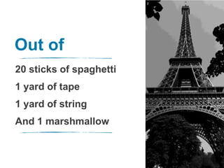 Out of
20 sticks of spaghetti
1 yard of tape
1 yard of string
And 1 marshmallow
 