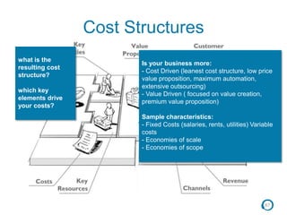 87
Cost Structures
what is the
resulting cost
structure?
which key
elements drive
your costs?
Is your business more:
- Cost Driven (leanest cost structure, low price
value proposition, maximum automation,
extensive outsourcing)
- Value Driven ( focused on value creation,
premium value proposition)
Sample characteristics:
- Fixed Costs (salaries, rents, utilities) Variable
costs
- Economies of scale
- Economies of scope
 