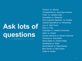 Ask lots of
questions
Product vs. Service
Transactional vs. recurring revenues
Fixed vs. variable costs
Acquisition vs. Retention
One Customer Segment vs. Another
Capital Expenditure vs. Partnership
Low vs. High Touch
Paid vs. Free
Copyright vs. Creative Commons
Open vs. Closed
Human Intensive vs. System Intensive
Personal vs. Automated
Direct Sales vs. Indirect Sales
Advertising vs. Sales
Niche Market vs. Mass Market
Blue Ocean vs. Red Ocean
Scale vs. Scope
90
 