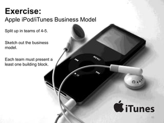 93
Exercise:
Apple iPod/iTunes Business Model
Split up in teams of 4-5.
Sketch out the business
model.
Each team must present a
least one building block.
 