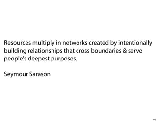 Resources multiply in networks created by intentionally
building relationships that cross boundaries & serve
people's deepest purposes.
Seymour Sarason

112

 