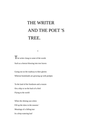 THE WRITER
AND THE POET 'S
TREE.
.
The writer clung to some of the words
Such as a breeze blowing into tree leaves
Going out on the roadway to their glories
Whereat homelands are growing up with peolpes
To the land of the freedoom and a reason
On a ship or on the back of a bird
Flying to the world
When the shining sun colors
Fill up the skies in the seasons '
Meanings of a falling tear
In a drop watering leaf
 