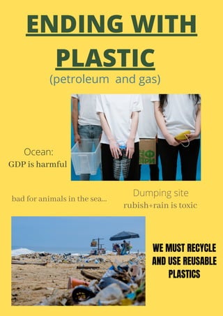ENDING WITH
PLASTIC
(petroleum and gas)
Dumping site
rubish+rain is toxic
Ocean:
GDP is harmful
WE MUST RECYCLE
AND USE REUSABLE
PLASTICS
bad for animals in the sea...
 