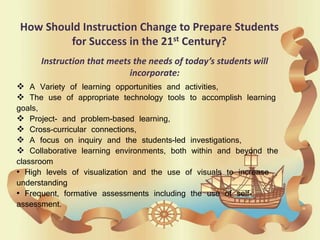 How Should Instruction Change to Prepare Students
for Success in the 21st Century?
Instruction that meets the needs of today’s students will
incorporate:
 A Variety of learning opportunities and activities,
 The use of appropriate technology tools to accomplish learning
goals,
 Project- and problem-based learning,
 Cross-curricular connections,
 A focus on inquiry and the students-led investigations,
 Collaborative learning environments, both within and beyond the
classroom
• High levels of visualization and the use of visuals to increase
understanding
• Frequent, formative assessments including the use of self-
assessment.
 