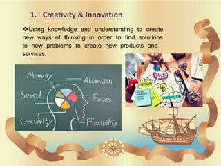 1. Creativity & Innovation
Using knowledge and understanding to create
new ways of thinking in order to find solutions
to new problems to create new products and
services.
 