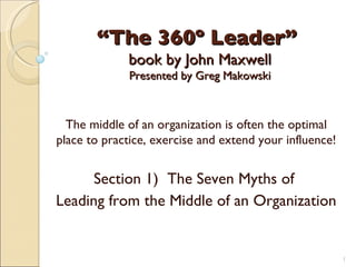 “ The 360º Leader”  book by John Maxwell Presented by Greg Makowski The middle of an organization is often the optimal place to practice, exercise and extend your influence! Section 1)  The Seven Myths of  Leading from the Middle of an Organization 