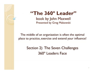 “The 360º Leader”
          The 360 Leader
             book by John Maxwell
              Presented by Greg Makowski



  The middle of an organization is often the optimal
place to practice, exercise and extend your influence!


      Section 2) The Seven Challenges
             360º Leaders Face


                                                         1
 